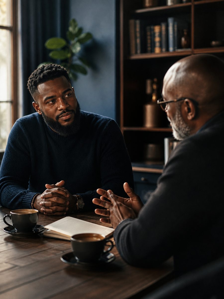 A mentor and a young man in conversation over coffee