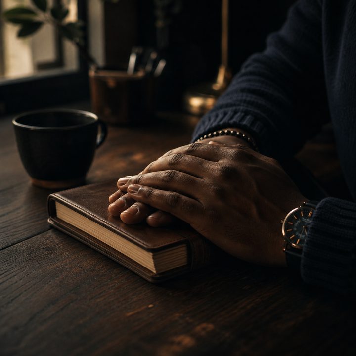 Hands resting on a closed leather journal