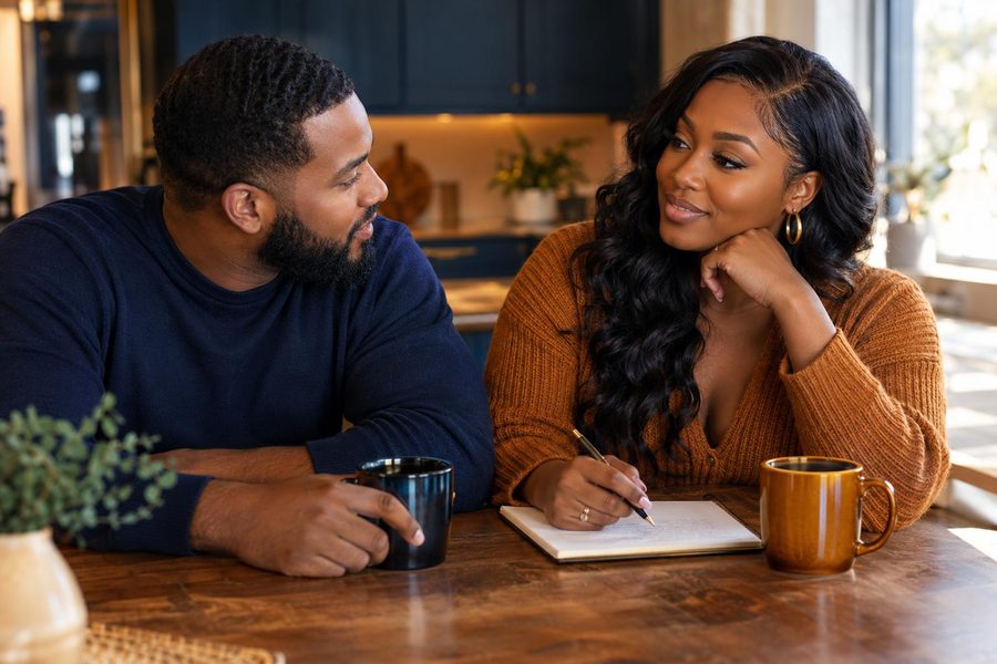 A couple talking openly at their kitchen table